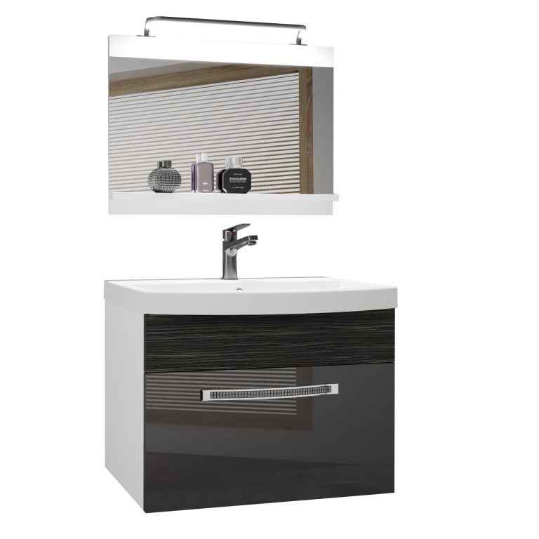 Set mobilă de baie Belini Premium Full Version gri lucios / abanos regal + chiuveta + oglinda + iluminare LED GLA PM 1/0/W/SHK/0/MB/PP
