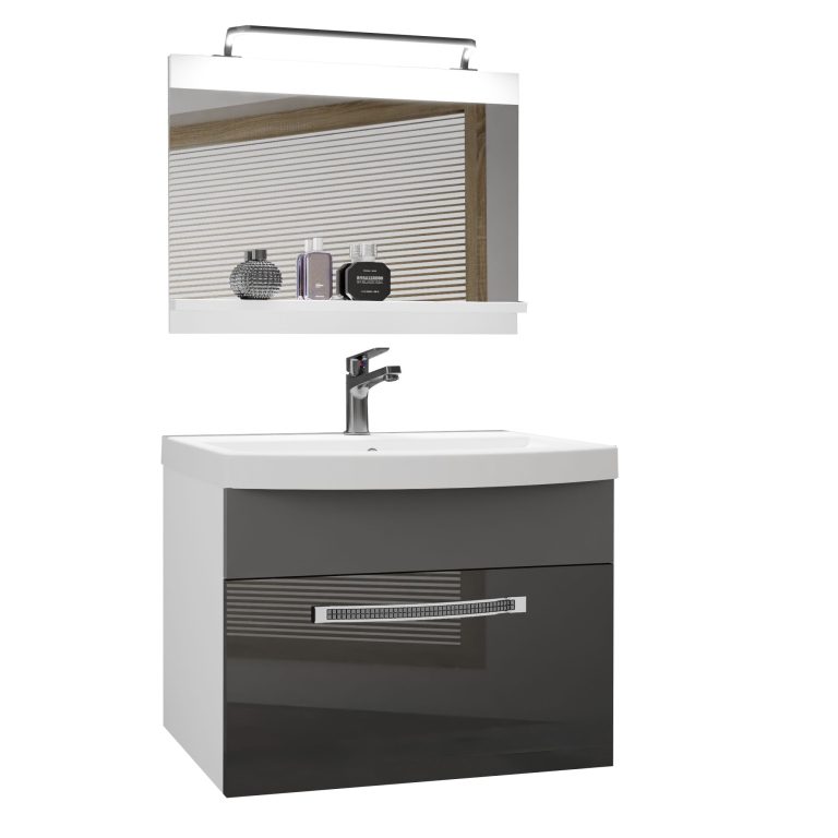 Set mobilă  de baie Belini Premium Full Version gri lucios / gri mat + chiuveta + oglinda + iluminare LED GLA PM 1/0/W/SSR/0/MB/PP
