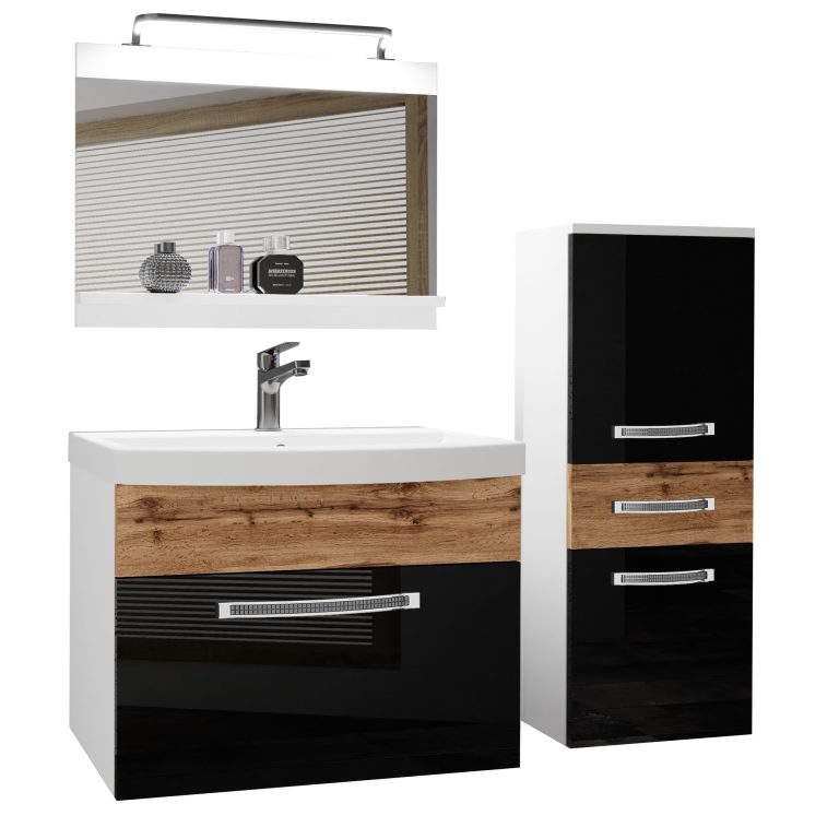 Set mobilă  de baie Belini Premium Full Version negru lucios / stejar wotan + chiuveta + oglinda + iluminare LED GLA PM 2/0/W/BDW/0/MB/PP
  