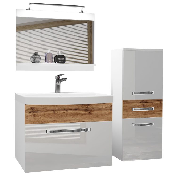 Set mobilă  de baie Belini Premium Full Version alb lucios / stejar wotan
+ chiuveta + oglinda + iluminare LED GLA PM 2/0/W/WDW/0/MB/PP