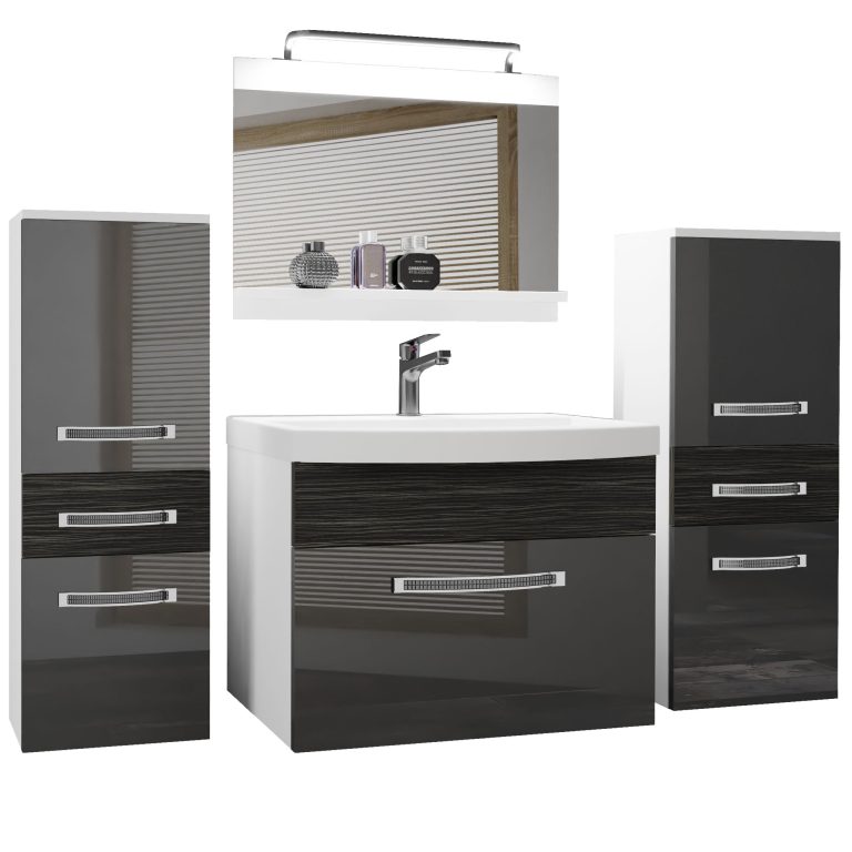 Set mobilă de baie Belini Premium Full Version gri lucios / abanos regal + chiuveta + oglinda + iluminare LED GLA PM 4/0/W/SHK/0/MB/PP