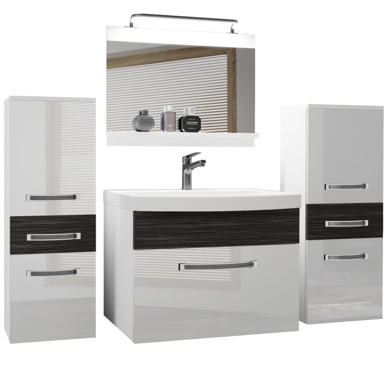 Set mobilă de baie Belini Premium Full Version alb lucios / abanos regal + chiuveta + oglinda + iluminare LED PM 4/0/W/WHK/0/MB/PP