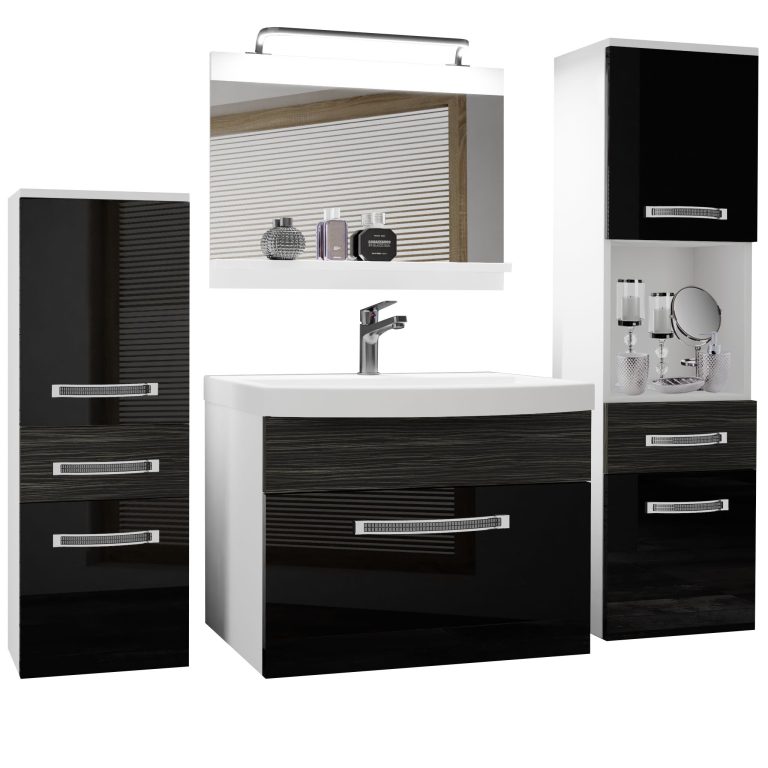 Set mobilă de baie Belini Premium Full Version negru lucios / abanos regal + chiuveta + oglinda + iluminare LED GLA PM 5/0/W/BHK/0/MB/PP
