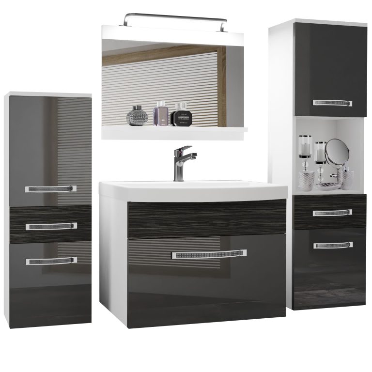 Set mobilă de baie Belini Premium Full Version gri lucios / abanos regal + chiuveta + oglinda + iluminare LED GLA PM 5/0/W/SHK/0/MB/PP