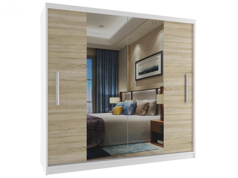 Dressing 200 cm Belini alb mat / stejar sonoma cu usi glisante si oglinda ME SZP1/2/W/DS/0/AL