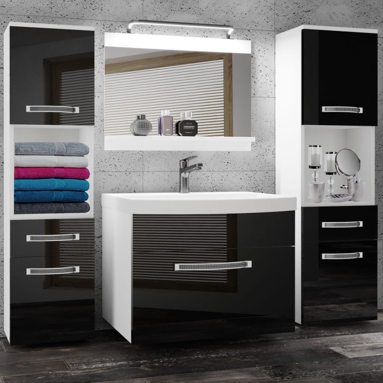 Set mobilă de baie Belini Premium Full Version negru lucios + chiuveta + oglinda + iluminare LED GLA P 6/0/W/B/0/MB/PP