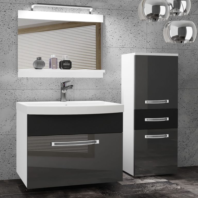 Set mobilă  de baie Belini Premium Full Version gri lucios / negru mat + chiuveta + oglinda + iluminare LED GLA PM 2/0/W/SB/0/MB/PP