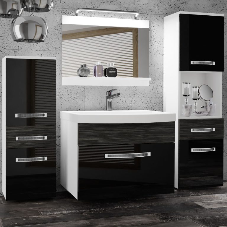 Set mobilă de baie Belini Premium Full Version negru lucios / abanos regal + chiuveta + oglinda + iluminare LED GLA PM 5/0/W/BHK/0/MB/PP