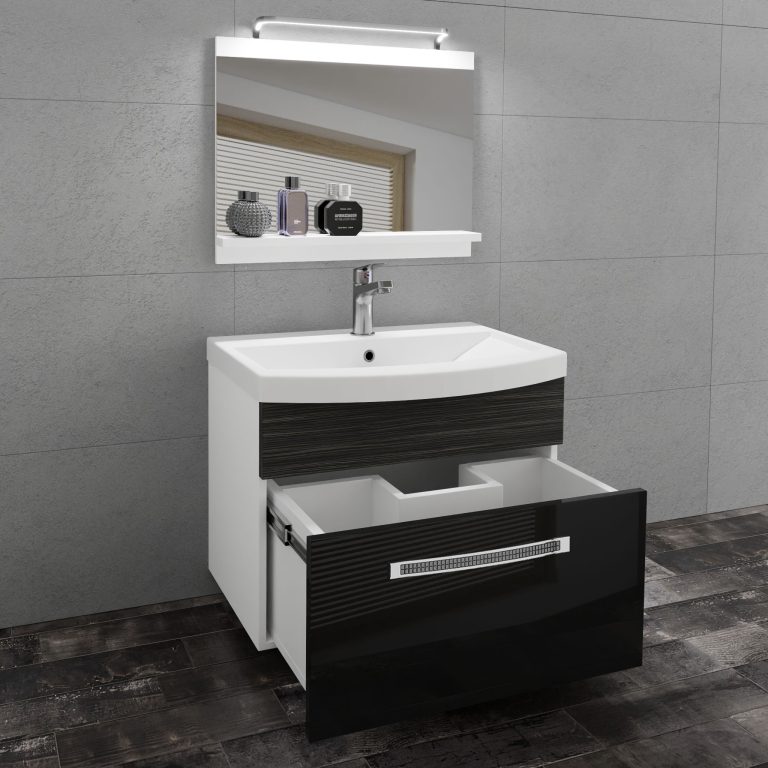 Set mobilă  de baie Belini Premium Full Version negru lucios / abanos regal + chiuveta + oglinda + iluminare LED GLA PM 1/0/W/BHK/0/MB/PP
