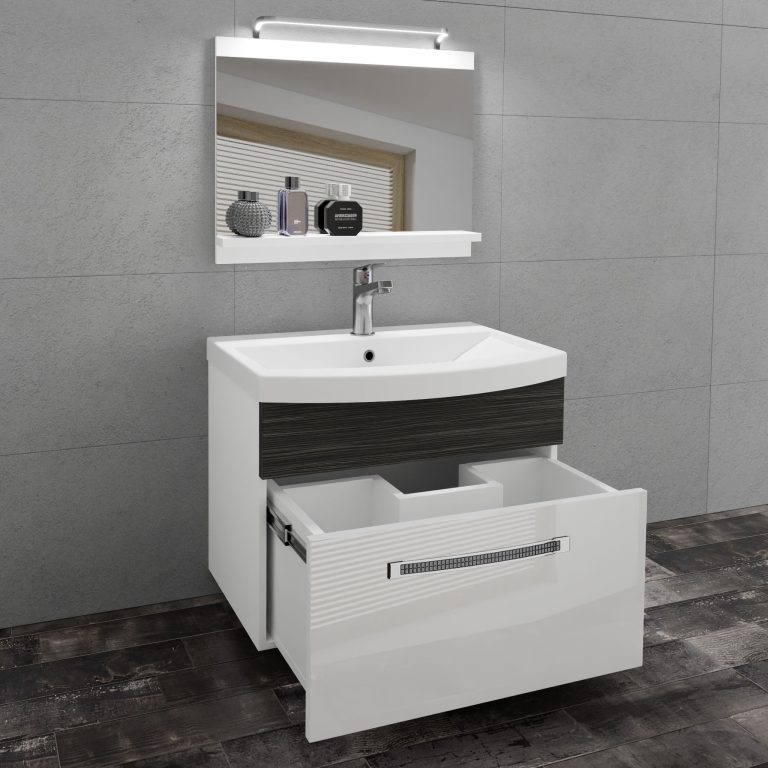 Set mobilă  de baie Belini Premium Full Version alb lucios / abanos regal + chiuveta + oglinda + iluminare LED GLA PM 1/0/W/WHK/0/MB/PP
