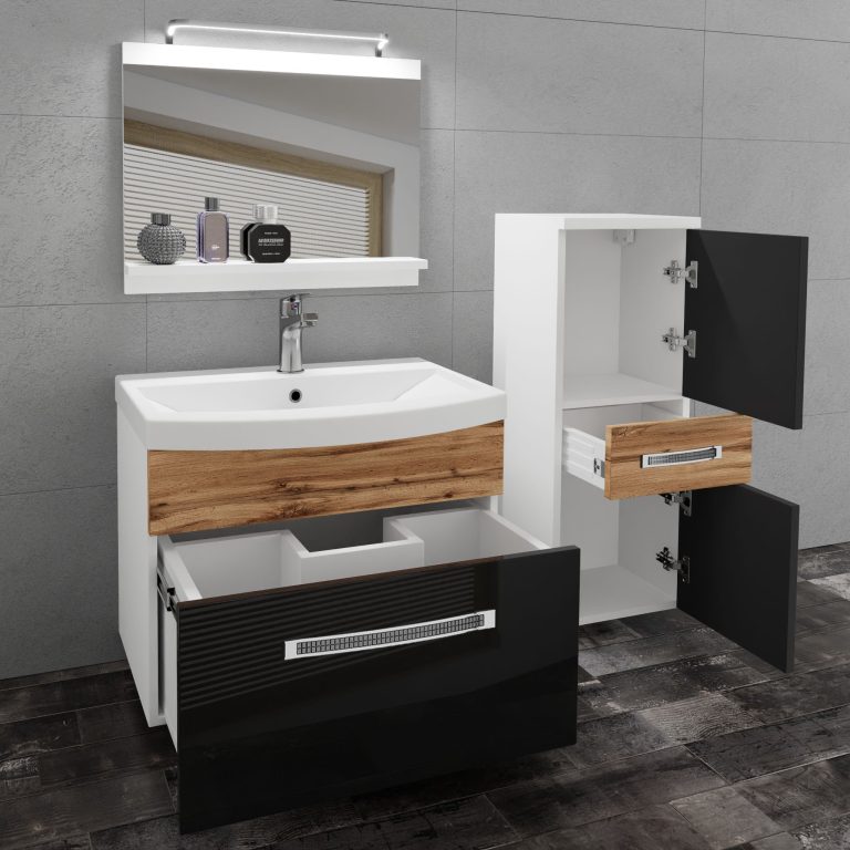 Set mobilă  de baie Belini Premium Full Version negru lucios / stejar wotan + chiuveta + oglinda + iluminare LED GLA PM 2/0/W/BDW/0/MB/PP
  
