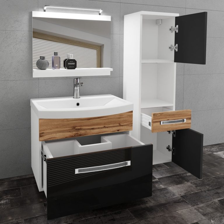 Set mobilă  de baie Belini Premium Full Version negru lucios / stejar wotan + chiuveta + oglinda + iluminare LED GLA PM 3/0/W/BDW/0/MB/PP
