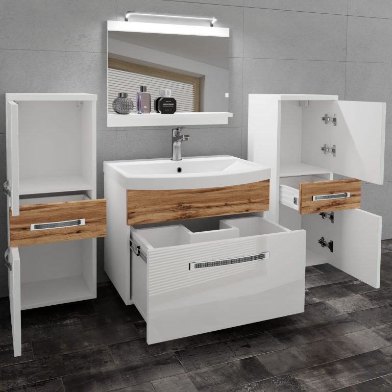 Set mobilă de baie Belini Premium Full Version alb lucios / stejar wotan
+ chiuveta + oglinda + iluminare LED GLA PM 4/0/W/WDW/0/MB/PP