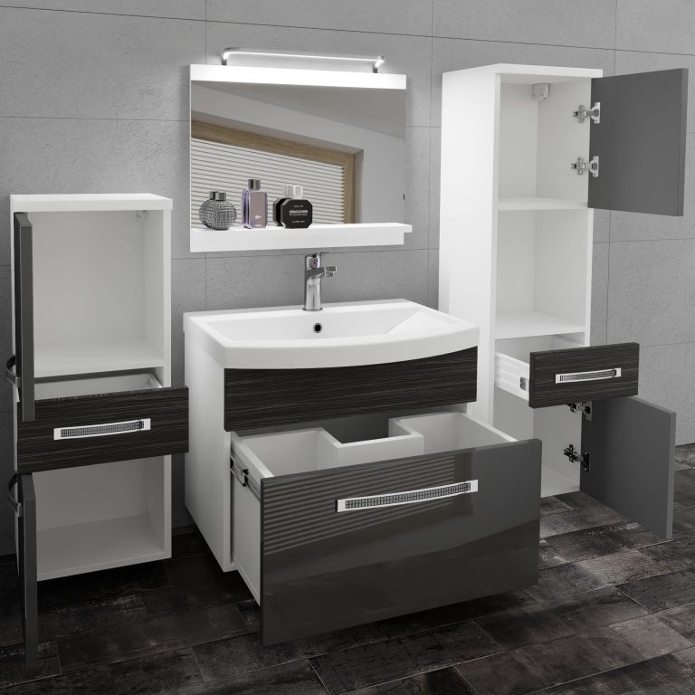 Set mobilă de baie Belini Premium Full Version gri lucios / abanos regal + chiuveta + oglinda + iluminare LED GLA PM 5/0/W/SHK/0/MB/PP