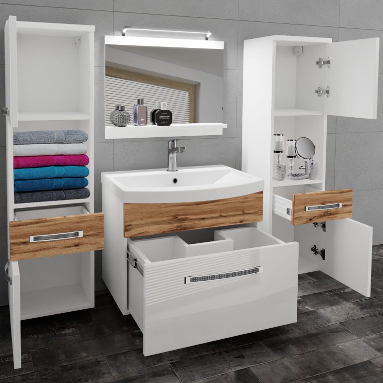 Set mobilă de baie Belini Premium Full Version alb lucios / stejar wotan + chiuveta + oglinda + iluminare LED GLA PM 6/0/W/WDW/0/MB/PP
