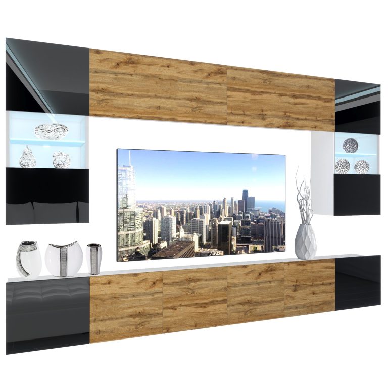 Set mobila sufragerie Belini Premium Full Version negru lucios / stejar wotan + iluminare LED NEX 1/0/W/BDWBDW/0/0/PP