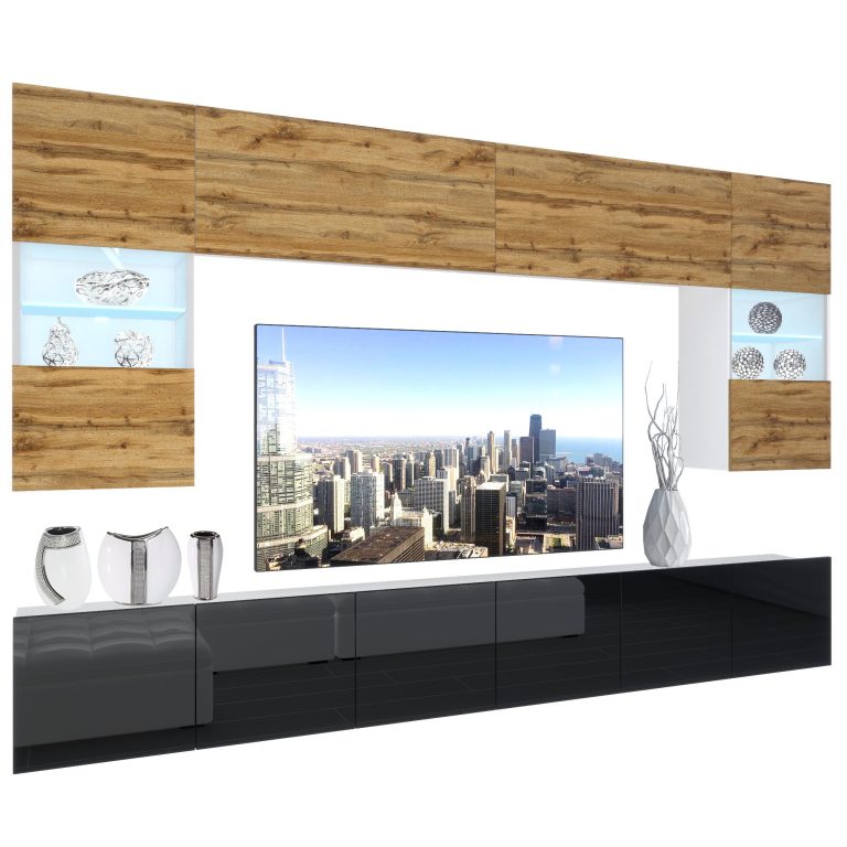 Set mobila sufragerie Belini Premium Full Version stejar wotan / negru lucios + iluminare LED 
NEX 1/0/W/DWB/0/0/PP