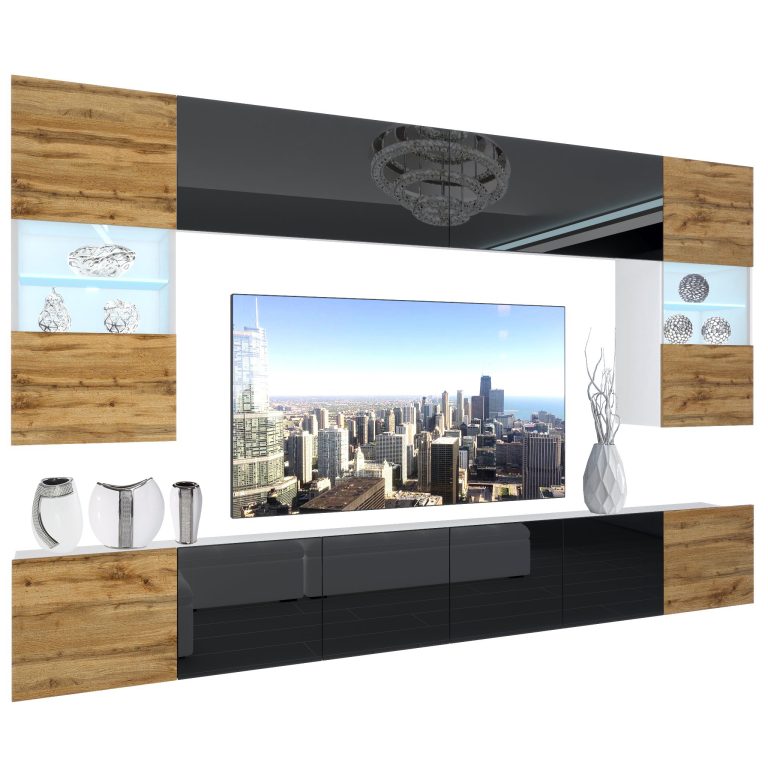 Set mobila sufragerie Belini Premium Full Version negru lucios / stejar wotan + iluminare LED NEX 1/0/W/DWBDWB/0/0/PP