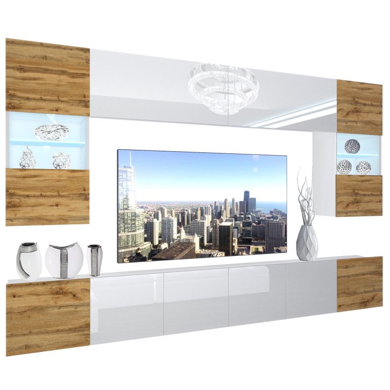 Set mobila sufragerie Belini Premium Full Version alb lucios / stejar wotan + iluminare LED NEX 1/0/W/DWWDWW/0/0/PP