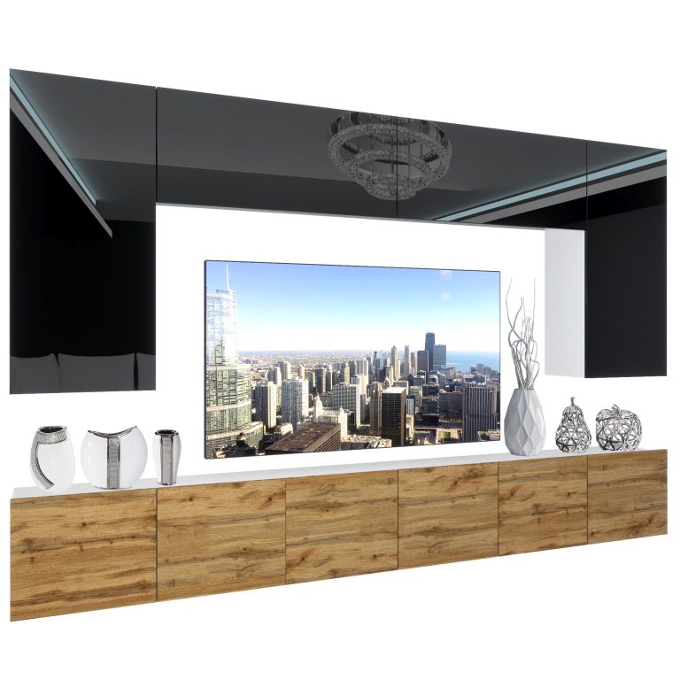 Mobila sufragerie Belini Premium Full Version negru lucios / stejar wotan + iluminare LED NEX 2/0/W/BDW/0/0/ PP