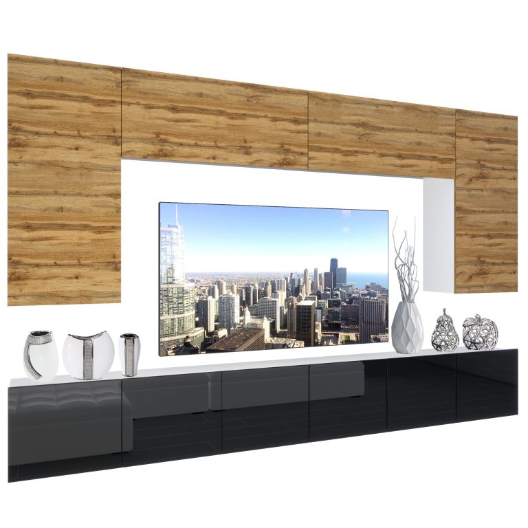 Set mobila  sufragerie Belini Premium Full Version stejar wotan / negru lucios + iluminare LED NEX 2/0/W/DWB/0/0/PP