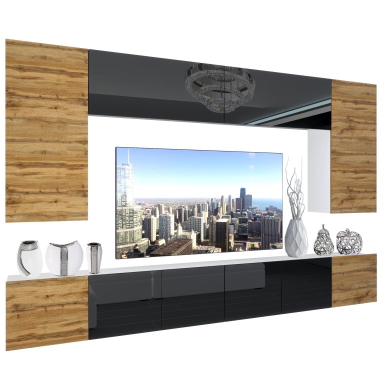 Set mobila sufragerie Belini Premium Full Version negru lucios / stejar wotan + iluminare LED NEX 2/0/W/DWBDWB/0/0/PP
