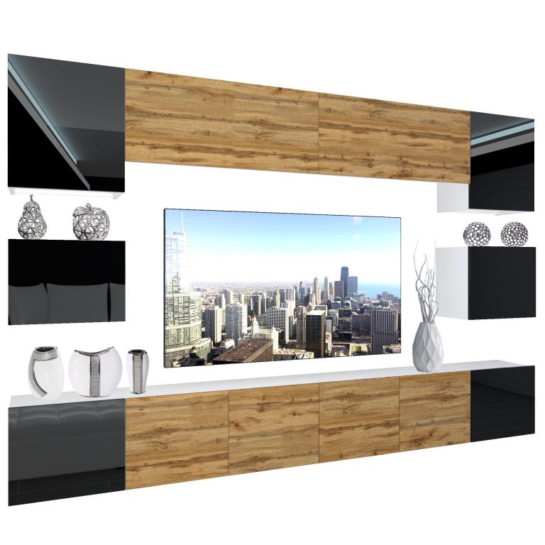 Set mobila sufragerie Belini Premium Full Version negru lucios / stejar wotan + iluminare LED NEX 3/0/W/BDWBBDW/0/0/PP