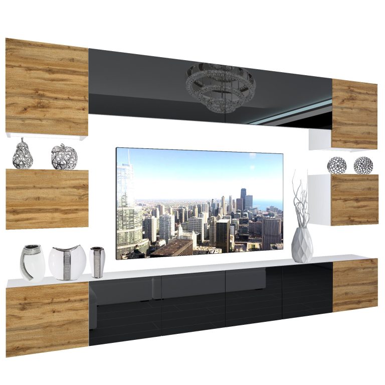 Set mobila sufragerie Belini Premium Full Version negru lucios / stejar wotan + iluminare LED  NEX 3/0/W/DWBDWDWB/0/0/PP
