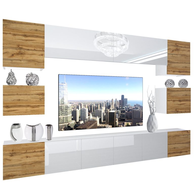 Set mobila sufragerie Belini Premium Full Version alb lucios / stejar wotan + iluminare LED NEX 3/0/W/DWWDWDWW/0/0/PP