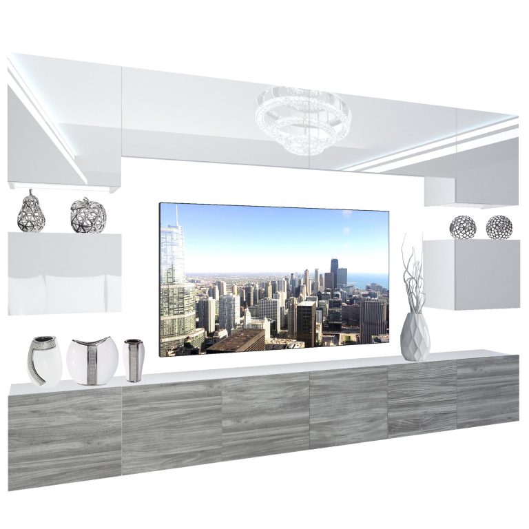 Mobila sufragerie  Belini Premium Full Version alb lucios/ Iluminare LED Glamour Wood+ gri antracit  NEX 3/0/W/WGW1/0/0/PP