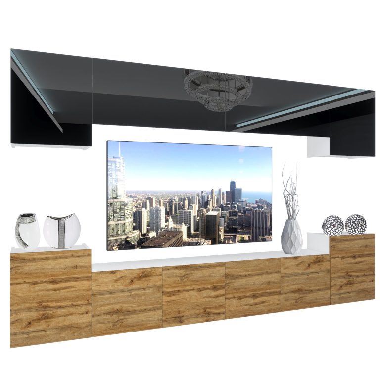 Set mobila sufragerie Belini Premium Full Version negru lucios / stejar wotan + iluminare LED NEX 4/0/W/BDW/0/0/PP