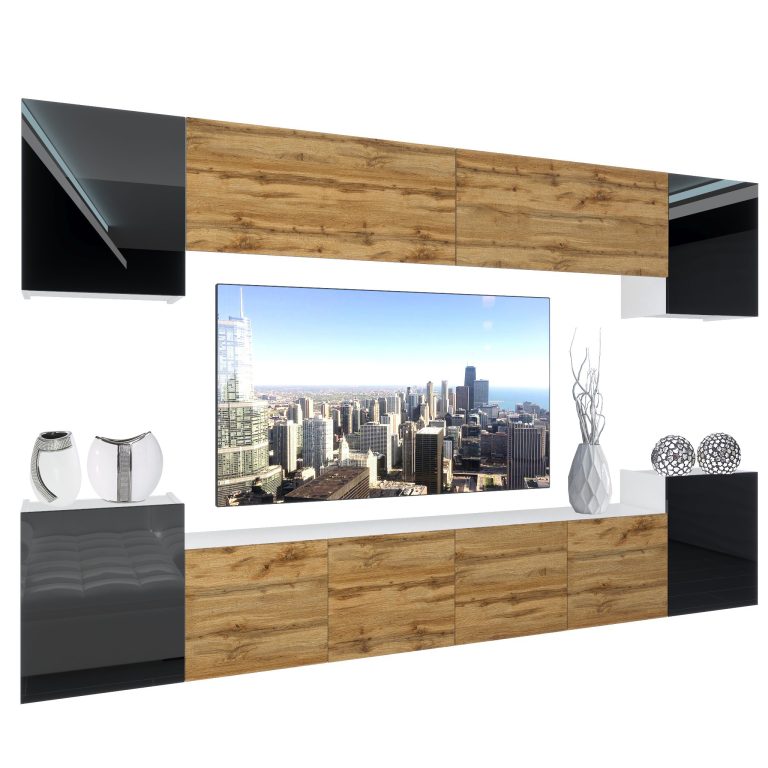 Set mobila sufragerie Belini Premium Full Version negru lucios / stejar wotan + iluminare LED NEX 4/0/W/BDWBDW/0/0/PP
