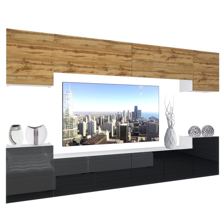 Set mobila sufragerie Belini Premium Full Version stejar wotan / negru lucios + iluminare LED NEX 4/0/W/DWB/0/0/PP
