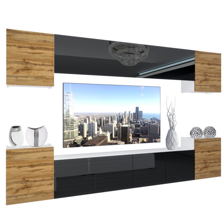 Set mobila sufragerie Belini Premium Full Version negru lucios / stejar wotan + iluminare LED NEX 4/0/W/DWBDWB/0/0/PP
