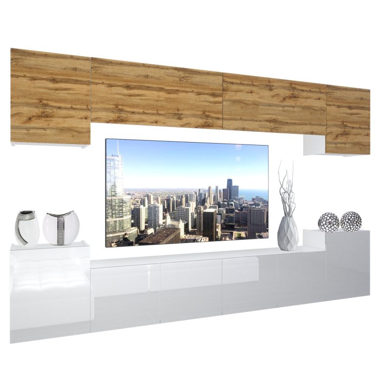 Set mobila sufragerie Belini Premium Full Version stejar wotan / alb lucios + iluminare LED  NEX 4/0/W/DWW/0/0/PP