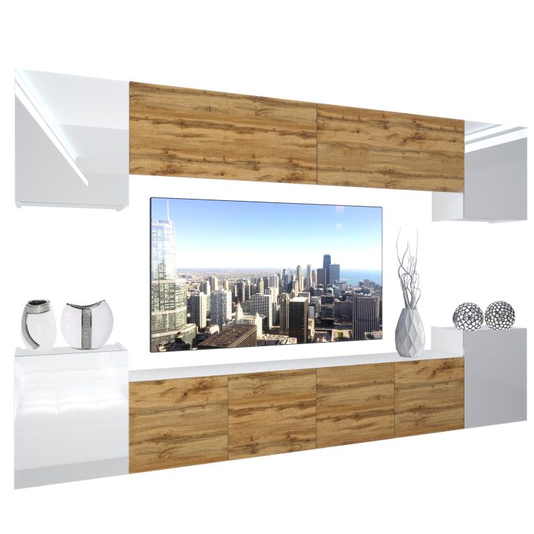 Set mobila sufragerie Belini Premium Full Version alb lucios / stejar wotan + iluminare LED NEX 4/0/W/WDWWDW/0/0/PP
