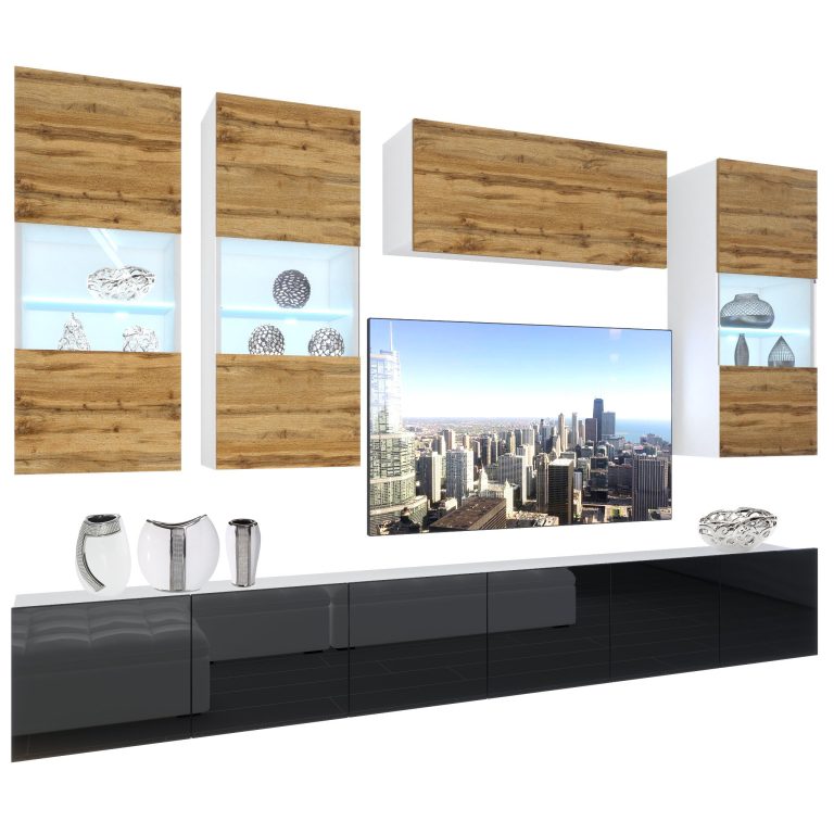 Set mobila sufragerie Belini Premium Full Version stejar wotan / negru lucios + iluminare LED NEX 5/0/W/DWB/0/0/PP
