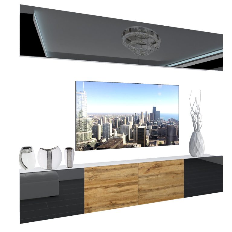 Set mobila sufragerie Belini Premium Full Version negru lucios / stejar wotan + iluminare LED NEX 6/0/W/BBDW/0/0/PP