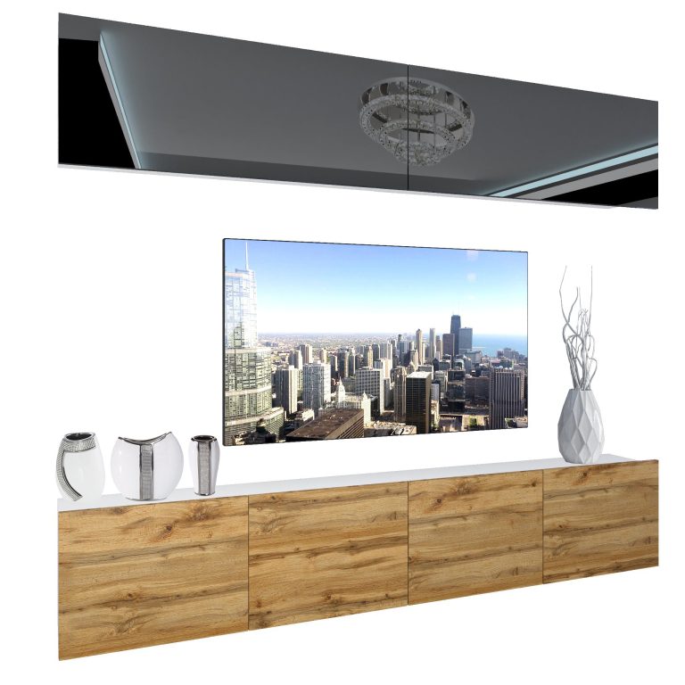 Set mobila sufragerie Belini Premium Full Version negru lucios / stejar wotan + iluminare LED NEX 6/0/W/BDW/0/0/PP