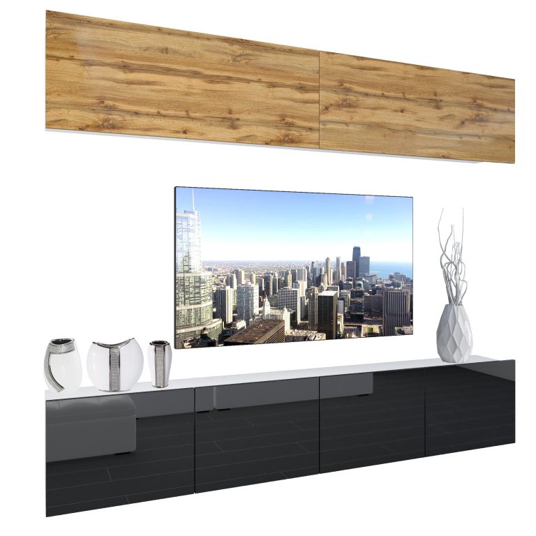 Set mobila sufragerie Belini Premium Full Version stejar wotan / negru lucios + iluminare LED 
