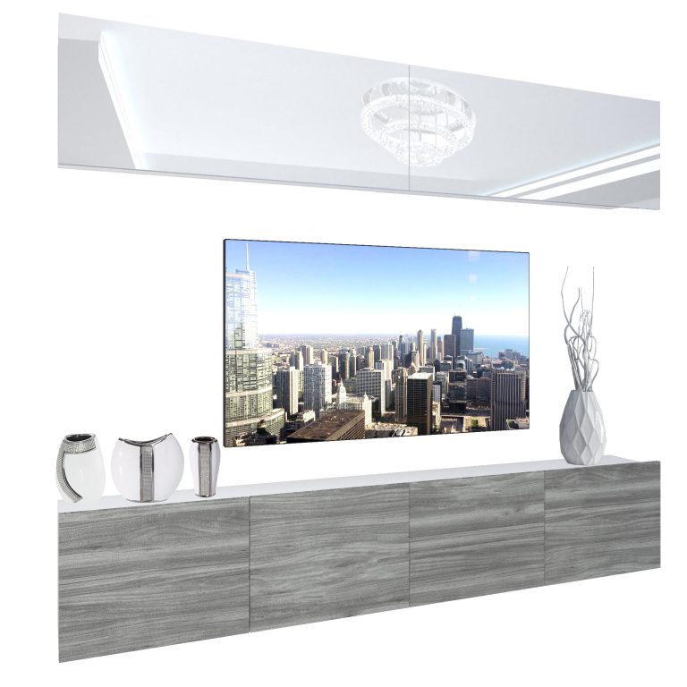 Mobila sufragerie Belini Premium Full Version alb lucios / gri antracit Glamour Wood + iluminare LED NEX 6/0/W/WGW1/0/0/PP