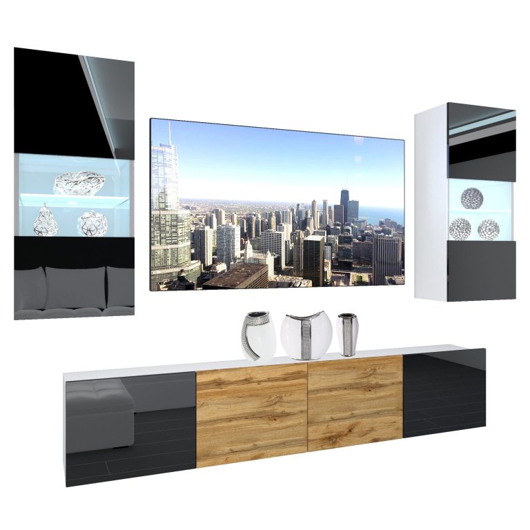 Set mobila sufragerie Belini Premium Full Version negru lucios / stejar wotan + iluminare LED  NEX 7/0/W/BBDW/0/0/PP