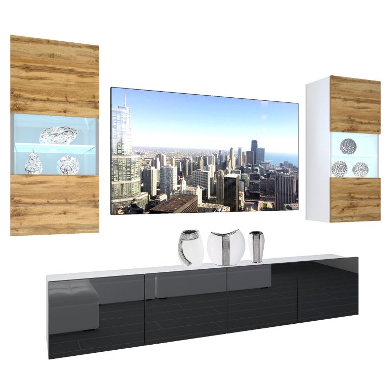 Set mobila sufragerie Belini Premium Full Version stejar wotan / negru lucios + iluminare LED NEX 7/0/W/DWB/0/0/PP