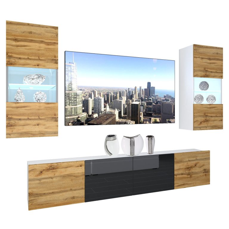 Set mobila sufragerie Belini Premium Full Version stejar wotan / negru lucios + iluminare LED NEX 7/0/W/DWDWB/0/0/PP
