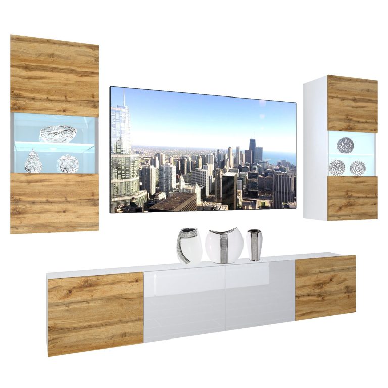 Set mobila sufragerie Belini Premium Full Version stejar wotan / alb lucios + iluminare LED  NEX 7/0/W/DWDWW/0/0/PP