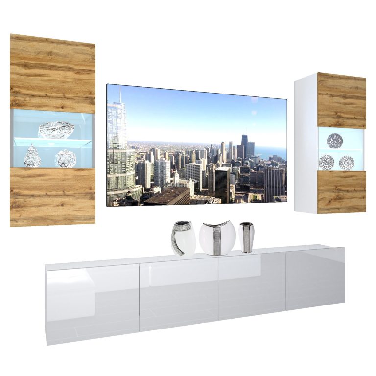 Set mobila sufragerie Belini Premium Full Version stejar wotan / alb lucios + iluminare LED NEX 7/0/W/DWW/0/0/PP