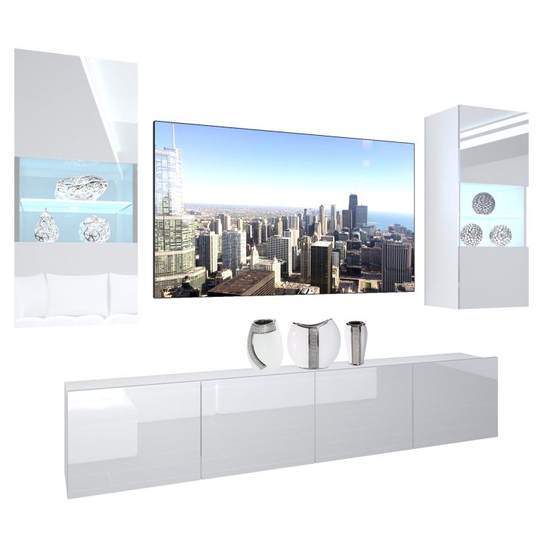 Mobila sufragerie Belini Premium Full Version alb lucios + iluminare LED NEX 7/0/W/W/0/0/PP