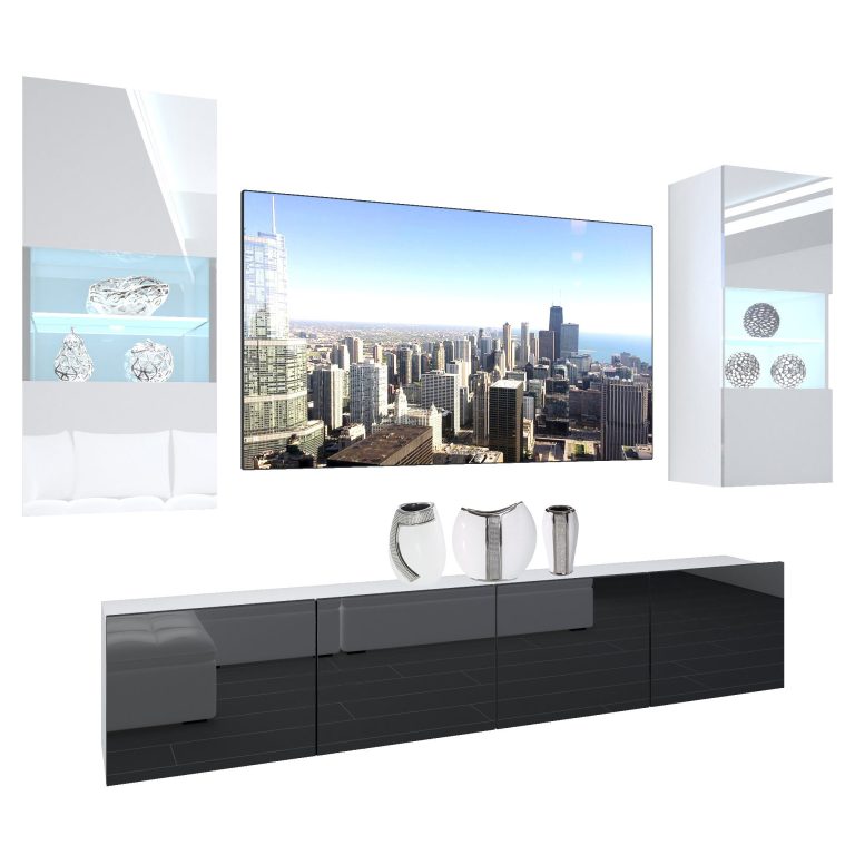 Mobila sufragerie Belini Premium Full Version alb lucios / negru luciu + iluminare LED NEX 7/0/W/WB/0/0/PP
