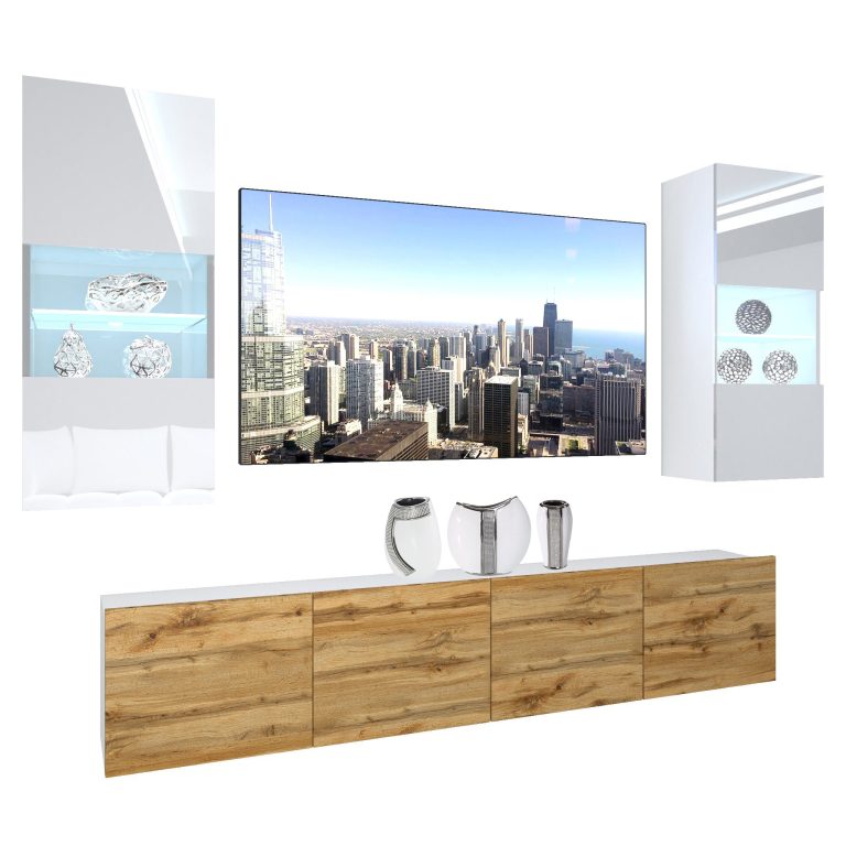 Set mobila sufragerie Belini Premium Full Version alb lucios / stejar wotan + iluminare LED  NEX 7/0/W/WDW/0/0/PP