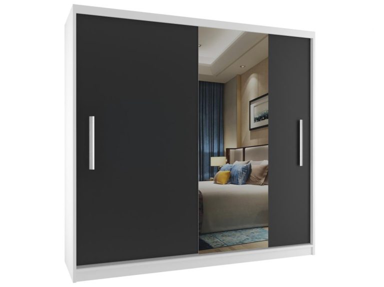 Dressing  200 cm Belini alb mat/negru mat cu usi glisante si oglinda MSE SZP1/2/W/1B1L/AL